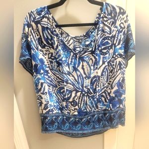 Lucky brand blue patterned short sleeve flowy top with drawstring